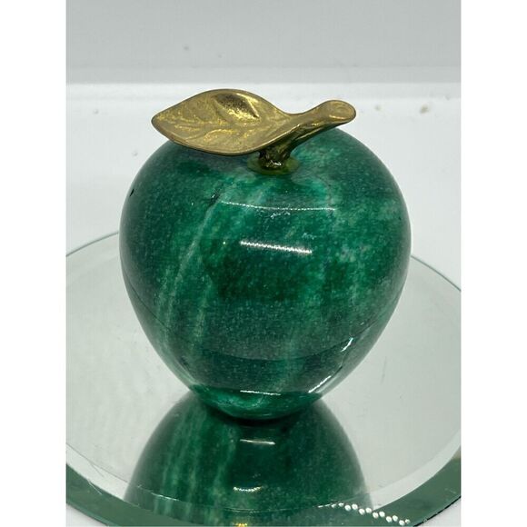 Vintage Green Marble Apple Paperweight with Brass Stem & Leaf Approx 4” Tall - Picture 1 of 6